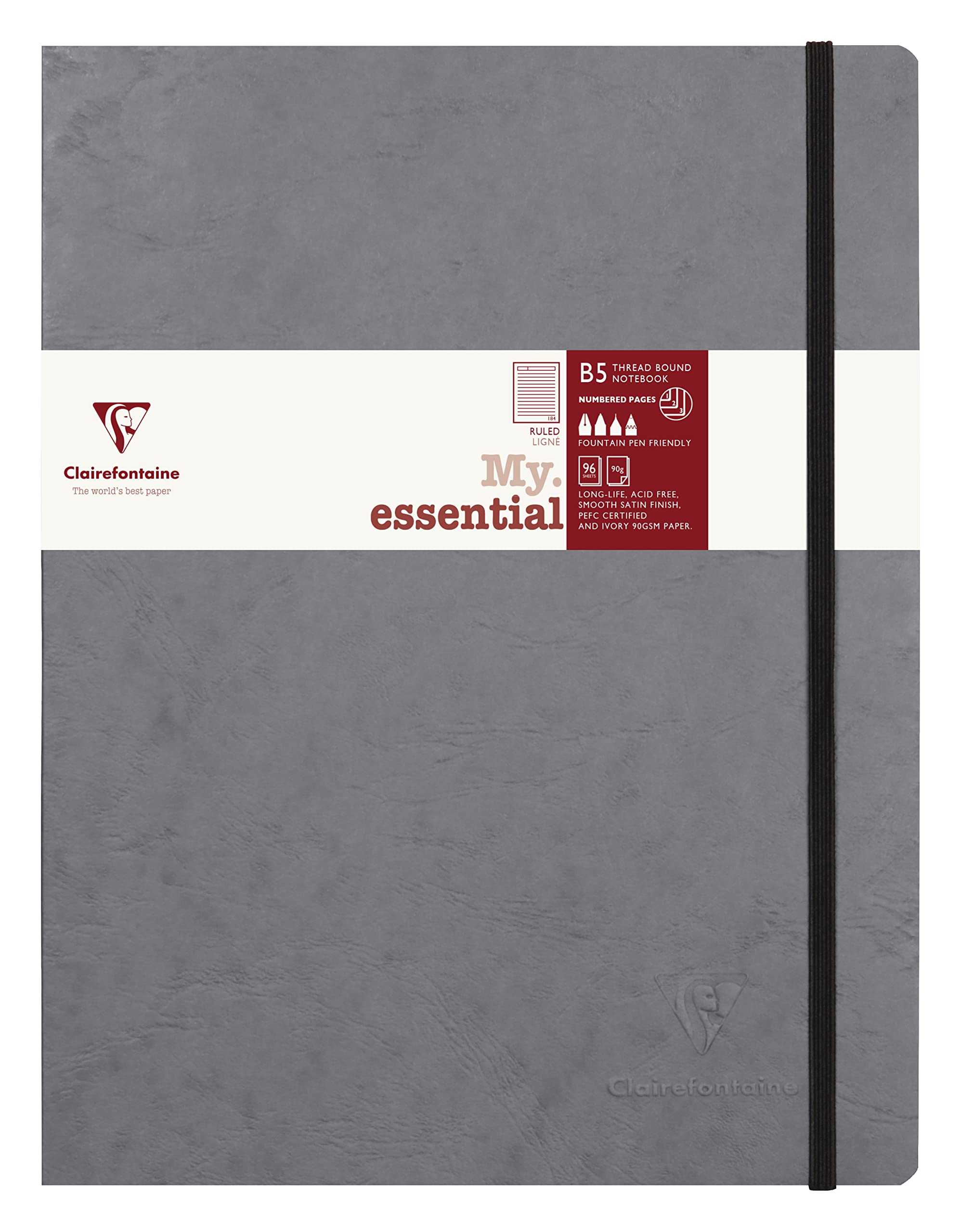 Clairefontaine 794465C Collection Age Bag Stitched MyEssential Sewn Notebook Grey - B5 19x25cm - 192 Numbered Lined Pages - 90g Ivory Paper - Leather Cover