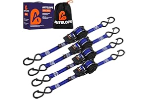 A ANTELOPE 4-Pack Auto Retractable Ratchet Strap Bundles 1" x 12', 1500 lbs Breaking Strength Each, Heavy Duty Tie-Down Straps for Securing Cargo, Weather Resistant Security S-Hooks (Blue)