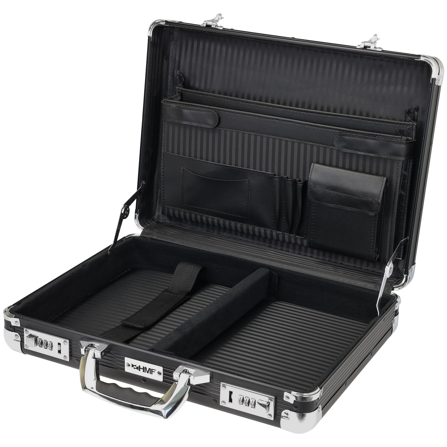 HMF Aluminium Briefcase for Laptop up to 17.3 Inches, Men's Business Briefcase with Combination Lock, Padded Laptop Compartment and Organiser in the Lid | 45 x 33 x 11 cm | Black
