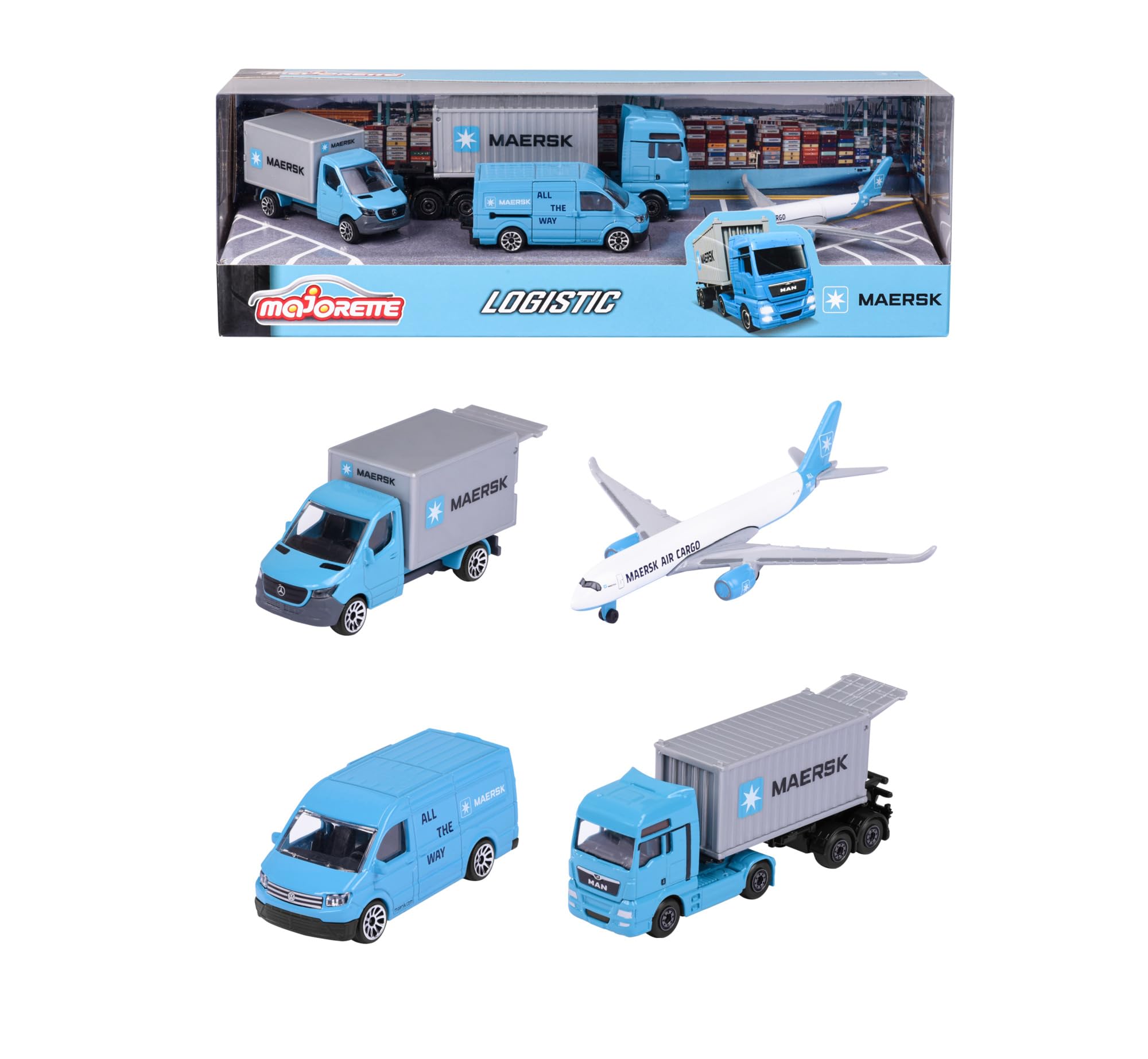 Majorette - MAERSK TRANSPORT VEHICLES (Gift Set) - 4 metal model vehicles (Man Truck, Mercedes-Benz Sprinter, Volkswagen Crafter & Airbus Aircraft), toys for children aged 3+. — image 1