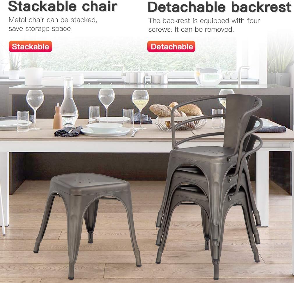 Metal Dining Chairs Set of 4 Patio Chiar Indoor Outdoor Metal Chairs Kitchen Metal Chairs 18 Inch Seat Height Restaurant Chair 330LBS Weight Capacity Tolix Side Metal Stackable Bar Chairs: Kitchen & Dining