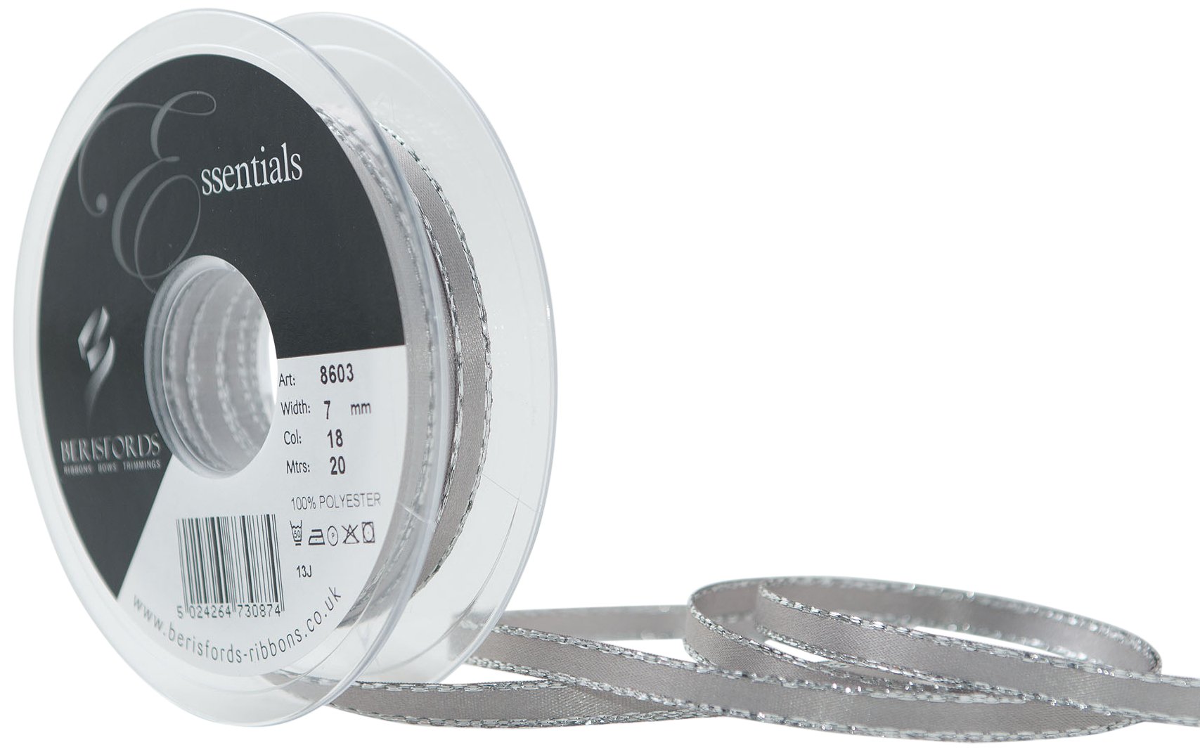 Berisfords 7 mm Silver Edge Satin Ribbon, Silver Grey