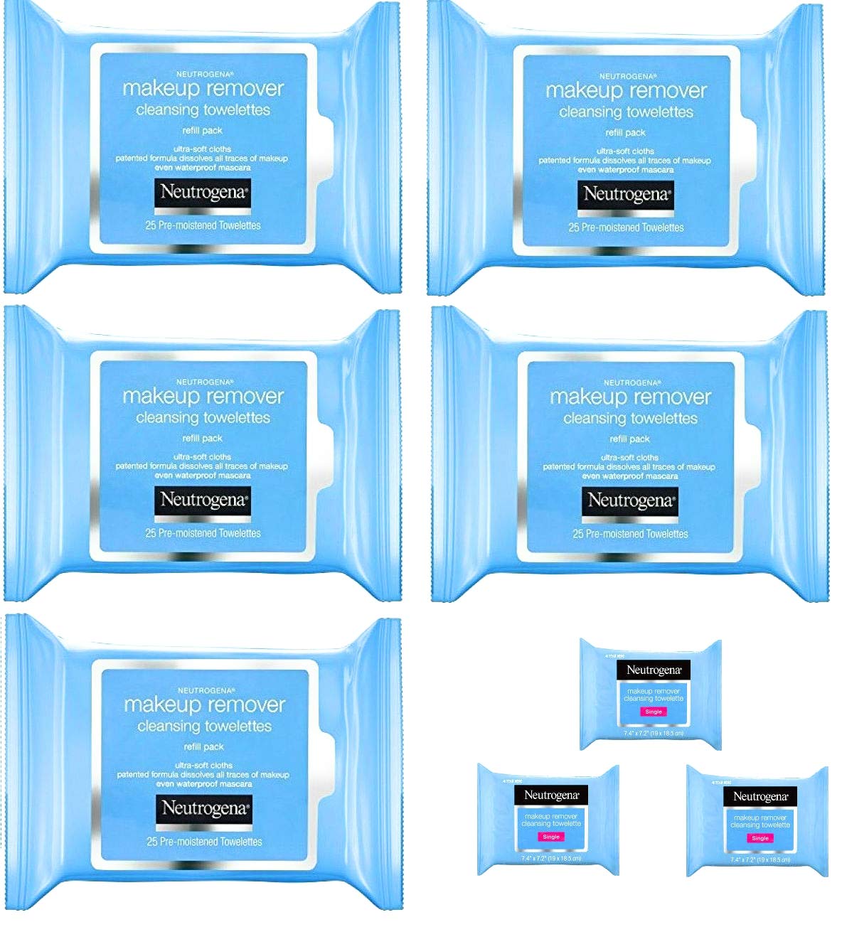 Neutrogena Makeup Remover Cleansing Towelettes, Daily Face Wipes to Remove Dirt, Oil, Makeup & Waterproof Mascara, 25 ct (5 pack + 3 Bonus Pouches): Beauty