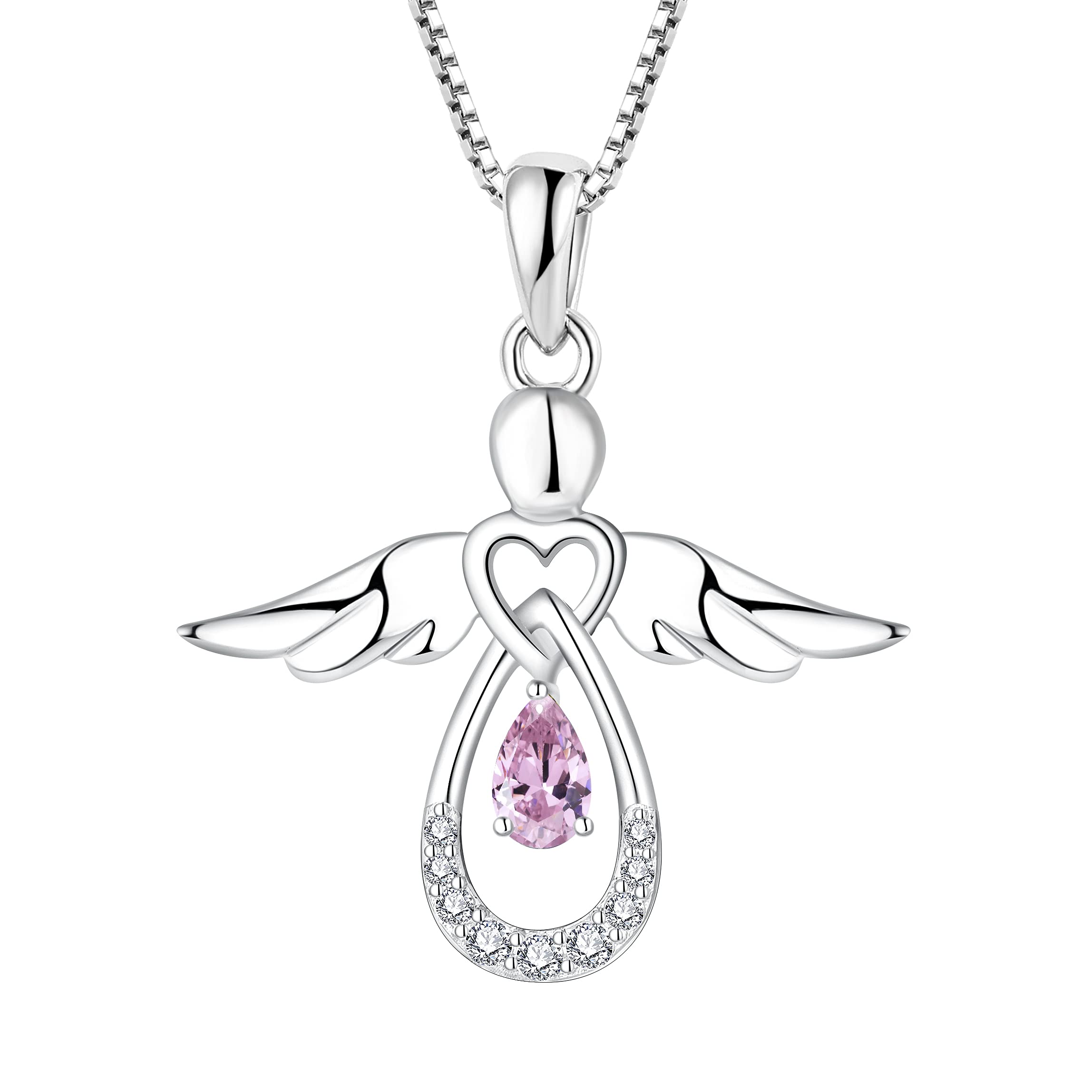 FJ Guardian Angel Necklace 925 Sterling Silver Angel Pendant Pink Tourmaline Necklace October Birthstone Jewellery for Women