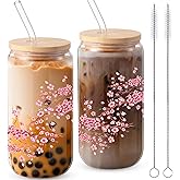 Sliner 2 Pcs Cherry Blossom Glass Cups Floral Drinking Glasses Sakura Iced Coffee Tumbler with Lid Straw Cleaning Brush 16 oz Beer Can Tumbler Holiday Gifts for Home Office Decorations