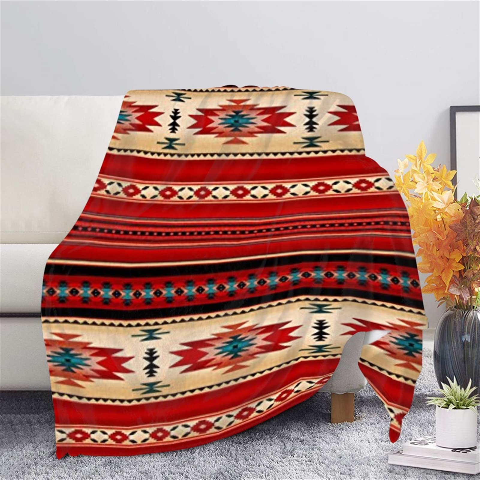 HUGS IDEA Tribal Blanket Navajo Aztec Stripe Throw Blanket Mat for Sofa Couch, Southwestern Ethnic Pattern Outdoor Camping Blanket Picnic Mat, Red-2XL