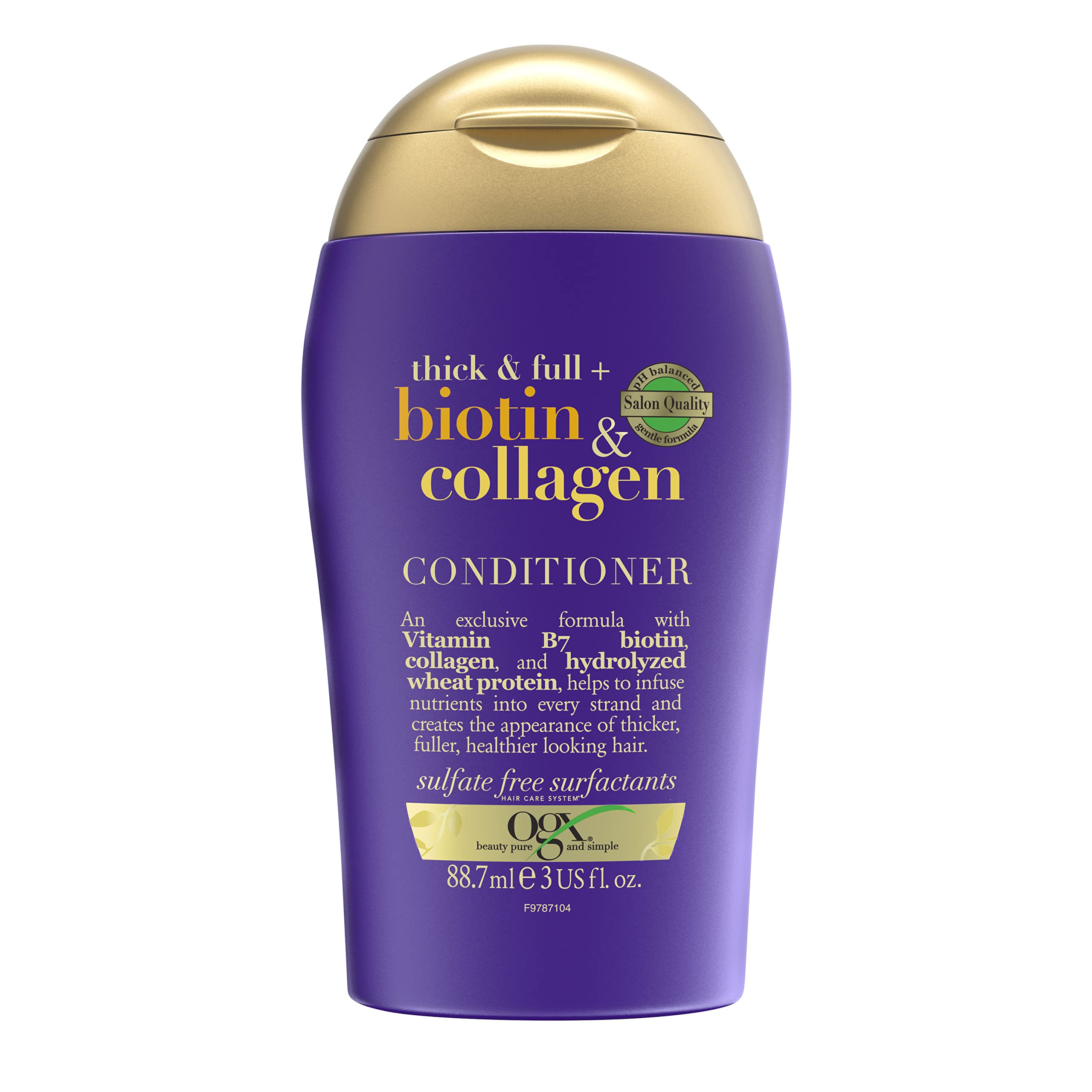 OGX Thick & Full with Biotin & Collagen Conditioner, with Vitamin B7 Biotin, Collagen and Hydrolyzed Wheat Protein, for Thicker, Fuller & Healthier-Looking Hair, Sulfate Free, 88.7ml