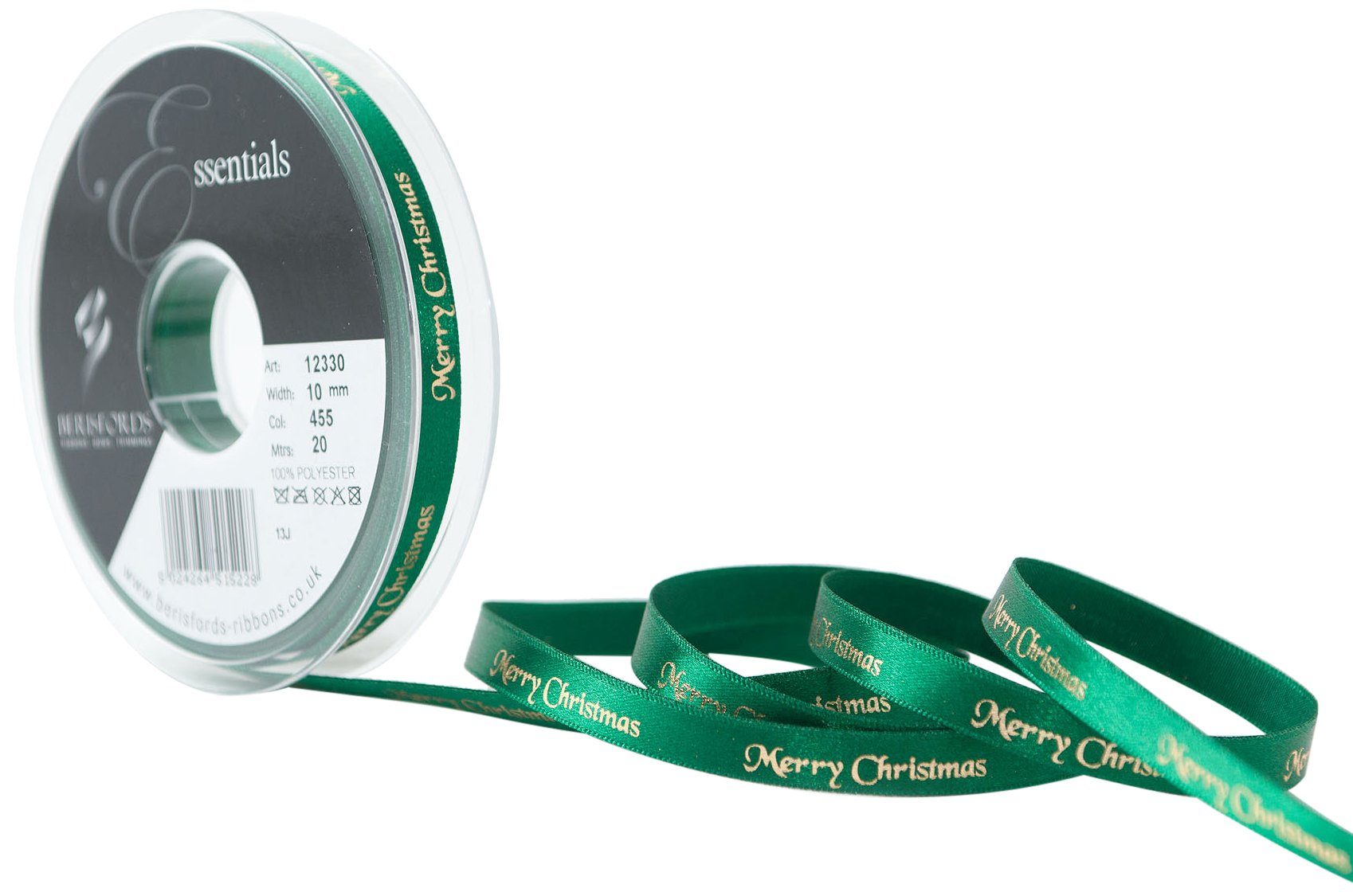 Berisfords 10 mm Merry Christmas Ribbon, Hunter, Green