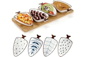 yarlung Set of 4 Sauce Dipping Bowls with Bamboo Tray, 5 Inch Ceramic Chips and Dips Serving Dishes, Decorative Fish Shape Pi