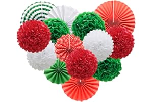ADLKGG Red White and Green Hanging Paper Decor - Round Paper Fans, Pom Poms, Flowers - Perfect for Christmas, Birthdays, Weddings, Graduations, Baby Showers
