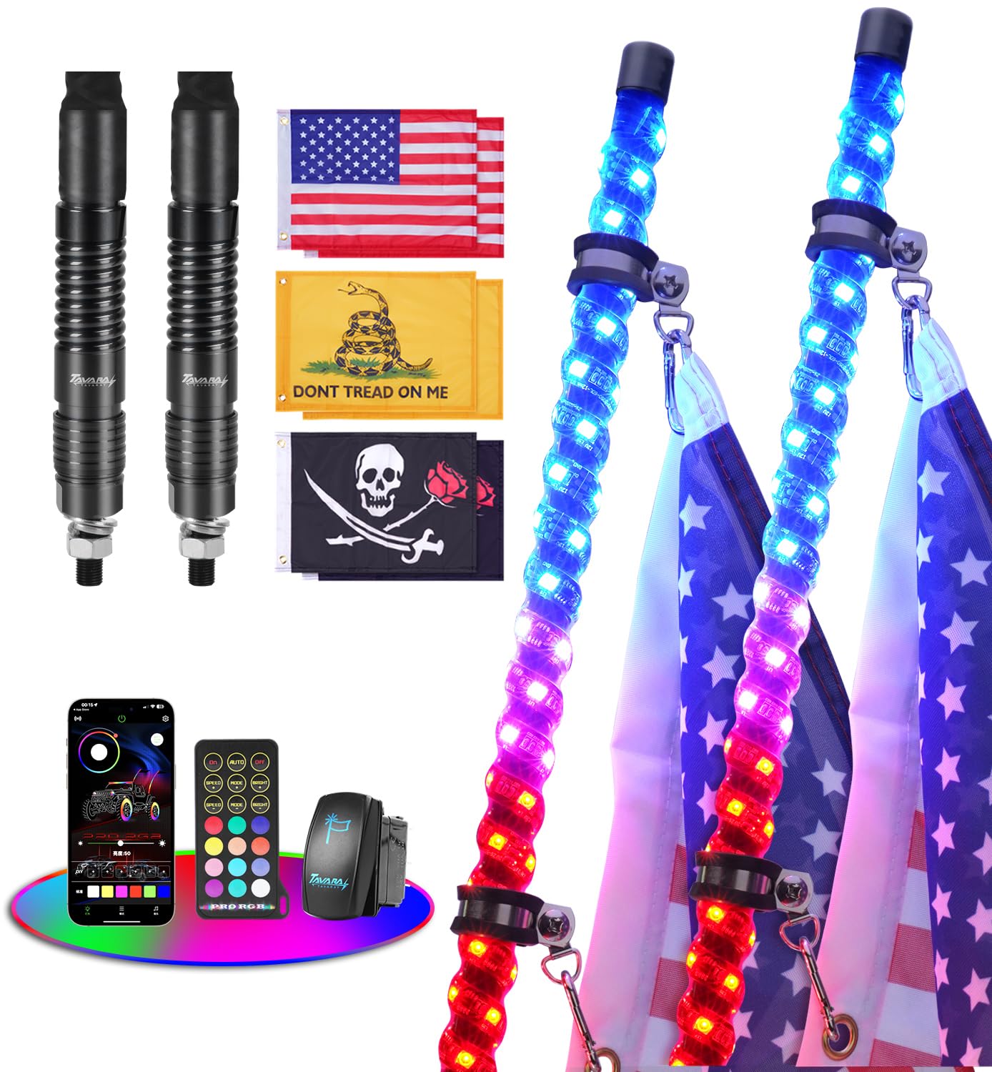 Photo 1 of ***********MISSING SOME ACCESSORIES LIKE REMOTES************
Tavaray 2PCS 6FT Whip Lights with Spring Base, Tripled Brighter Led Whip Lights W/Rocker Switch & 6 Flags, 360° Spiral Chasing Lighted Antenna Whip with App & Remote Control for UTV/ATV/RZR/SXS/