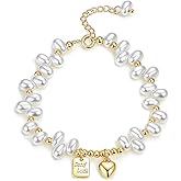 Aliyoham Gold Pearl Bracelet for Women,Pearl Bracelet with Good Luck Charm, Adjustable Dainty Gold Beaded Stackable Jewelry Gift