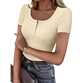 GKBK Women's Short Sleeve Tops Ribbed Casual Button Up Henley Shirts Scoop Neck Fitted Cute 2025 Summer Basic Tee Tshirts