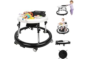 GNAYUIJ Baby Walker Foldable with Wheels Anti-Rollover，Baby Walkers and Activity Center for 6-18 Months Boys and Girls，9-Position Height Adjustable Infant Toddler Walker with Foot Pads