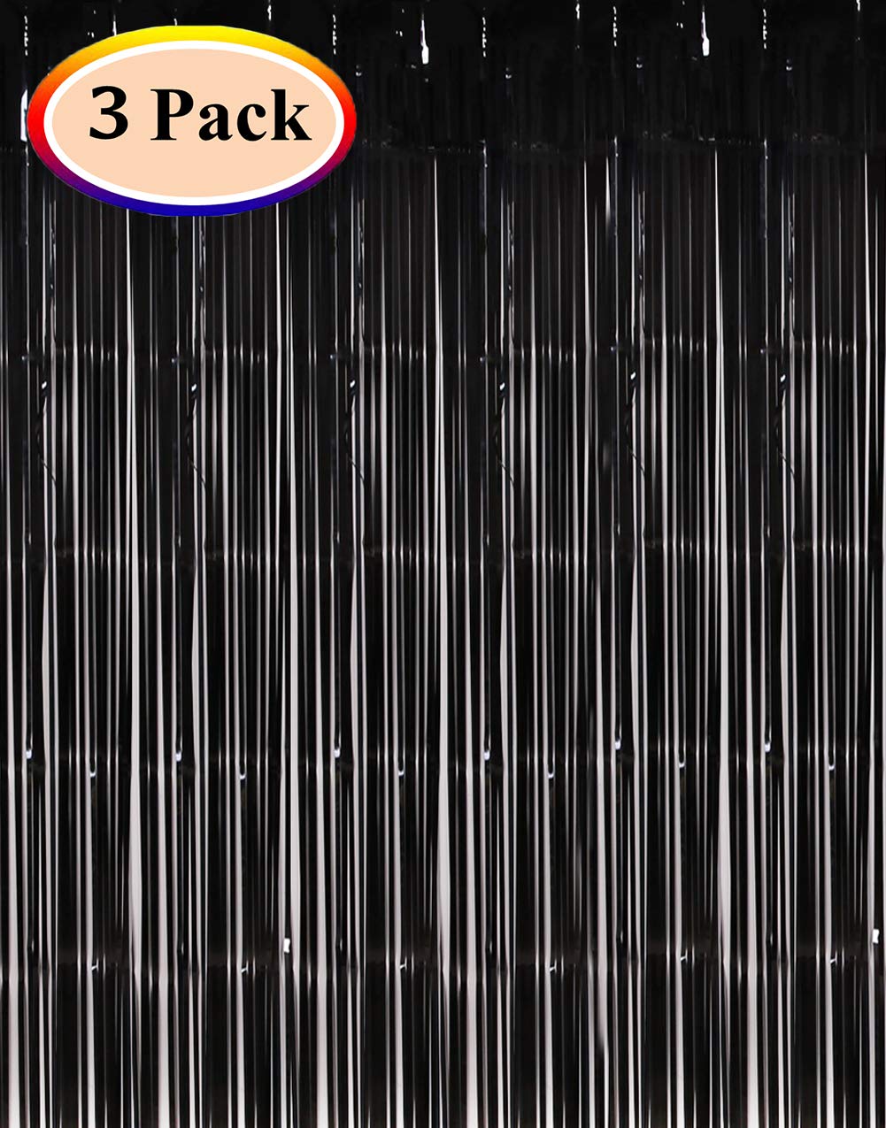 Moohome Big 3ft x 8ft Tinsel Black Foil Fringe Curtains Backdrop Door Window Curtain Party Decoration (3-Pack, Black)