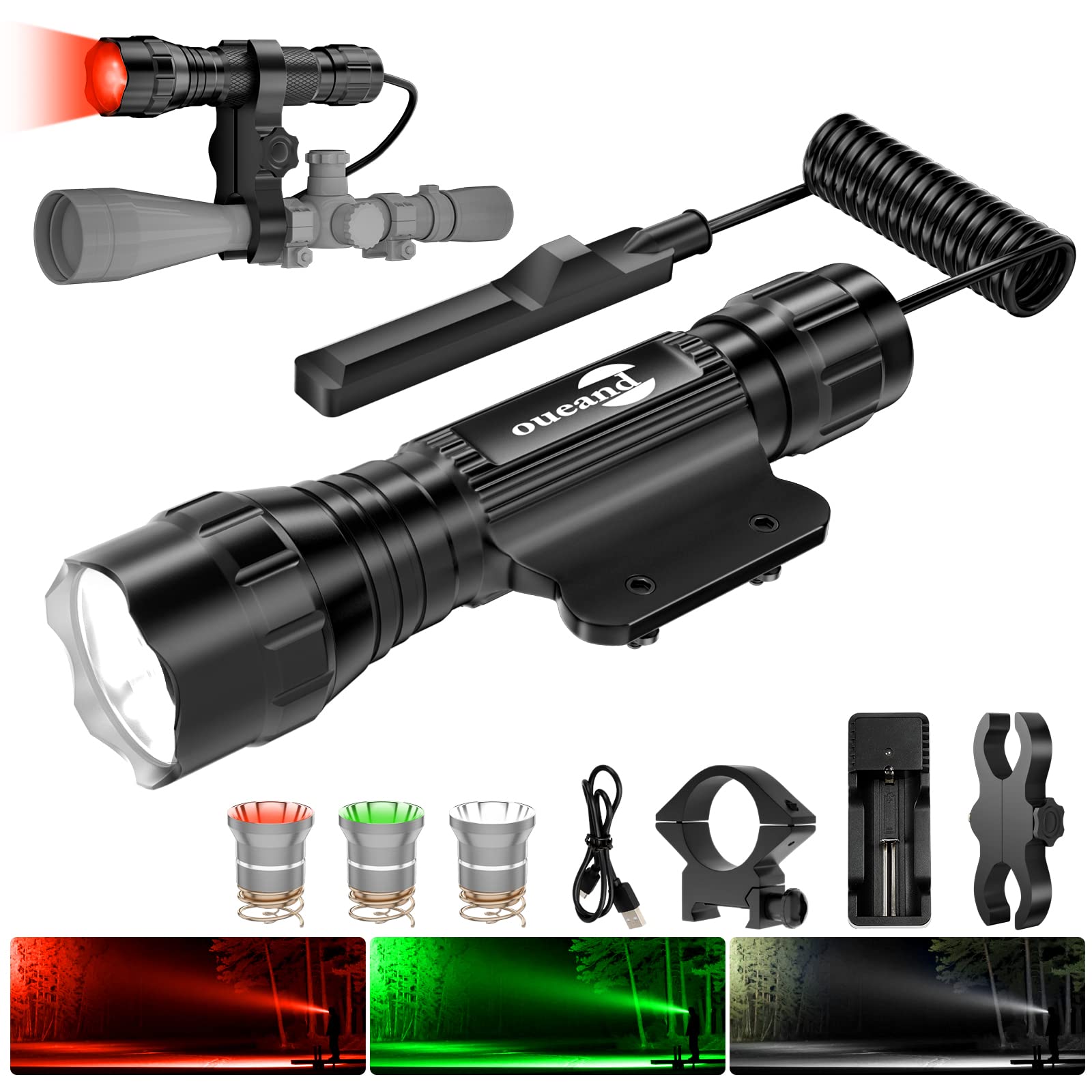 XLENTGEN Green Light LED Hunting Flashlight 300 Yard Long Range Zoomable Predator Light LED Flashlights Kit With Pressure Switch Rechargeable Batteries For Coon Coyote Hog Fox Varmint