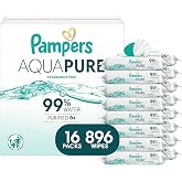 Pampers Aqua Pure Baby Wipes, Unscented, Fragrance Free, 99% Water, Water Based, Multi-Use, 896 Wipes Total (16X Flip-Top Packs)