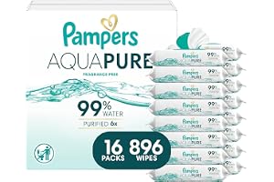 Pampers Aqua Pure Baby Wipes, Unscented, Fragrance Free, 99% Water, Water Based, Multi-Use, 896 Wipes Total (16X Flip-Top Pac