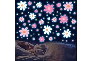 HSDSH Glow in The Dark Big Daisy Wall Decals，Glowing Luminous Large Cute Daisy Wall Stickers Colorful Removable self-Adhesive Pink White Flower Decals for Girls Bedroom Kids Baby Nursery Living Room Decor