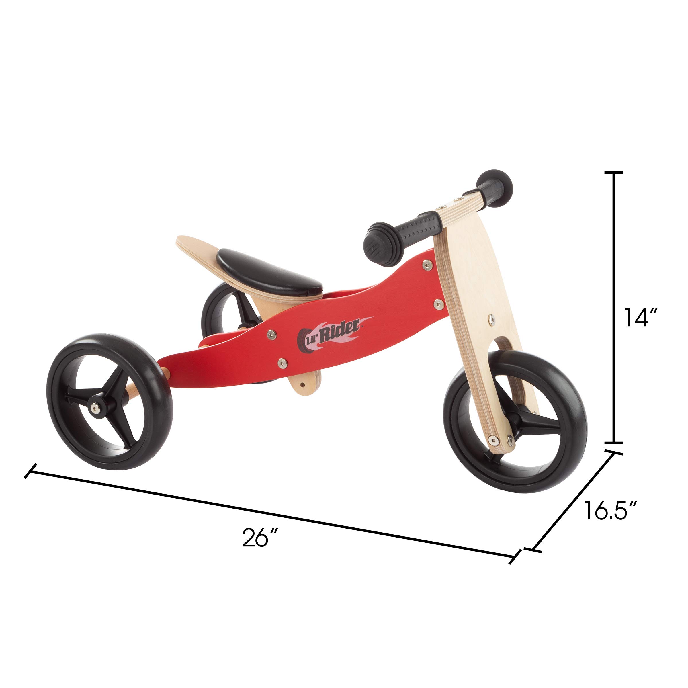 Lil' Rider 2-in-1 Wooden Balance Bike & Push Tricycle- Ride-On Toy with Easy Grip Handles, No Pedals, Rubber Wheels for Boys and Girls, Ages 18 Months and Up , Red, Large