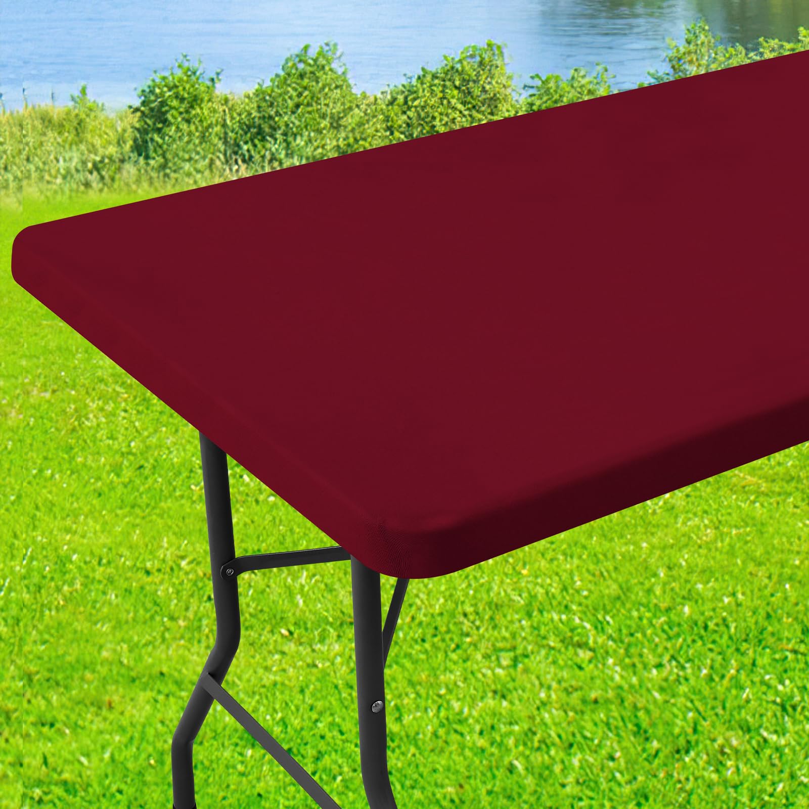 Photo 1 of Moosfor Spandex 6 Foot Rectangle Table Cloth, Elastic Fitted Tablecloths for Picnic, Stretch Washable Patio Table Cover for Outdoor, Camping, Banquet and Parties (Wine Red, 30"x72")