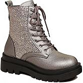 Women's Glitter Combat Boots Round Toe Lace Up Chunky Low Heel Sparkly Ankle Booties Comfy Combat Ankle Boots