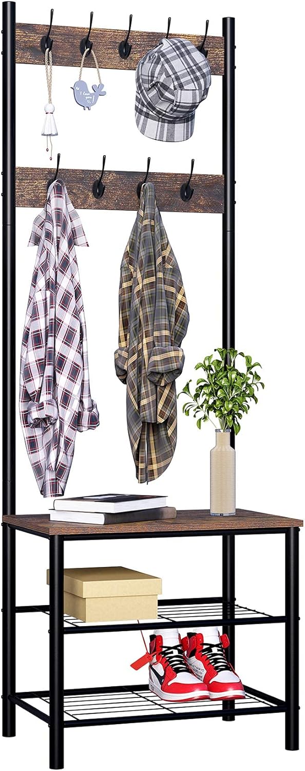 Gadroad Coat Rack, Shoe Bench, 3-in-1 Entryway Hall Tree with Storage Shelf and 9 Hooks, Accent Furniture with Metal Frame, Rustic Brown and Black: Home Improvement