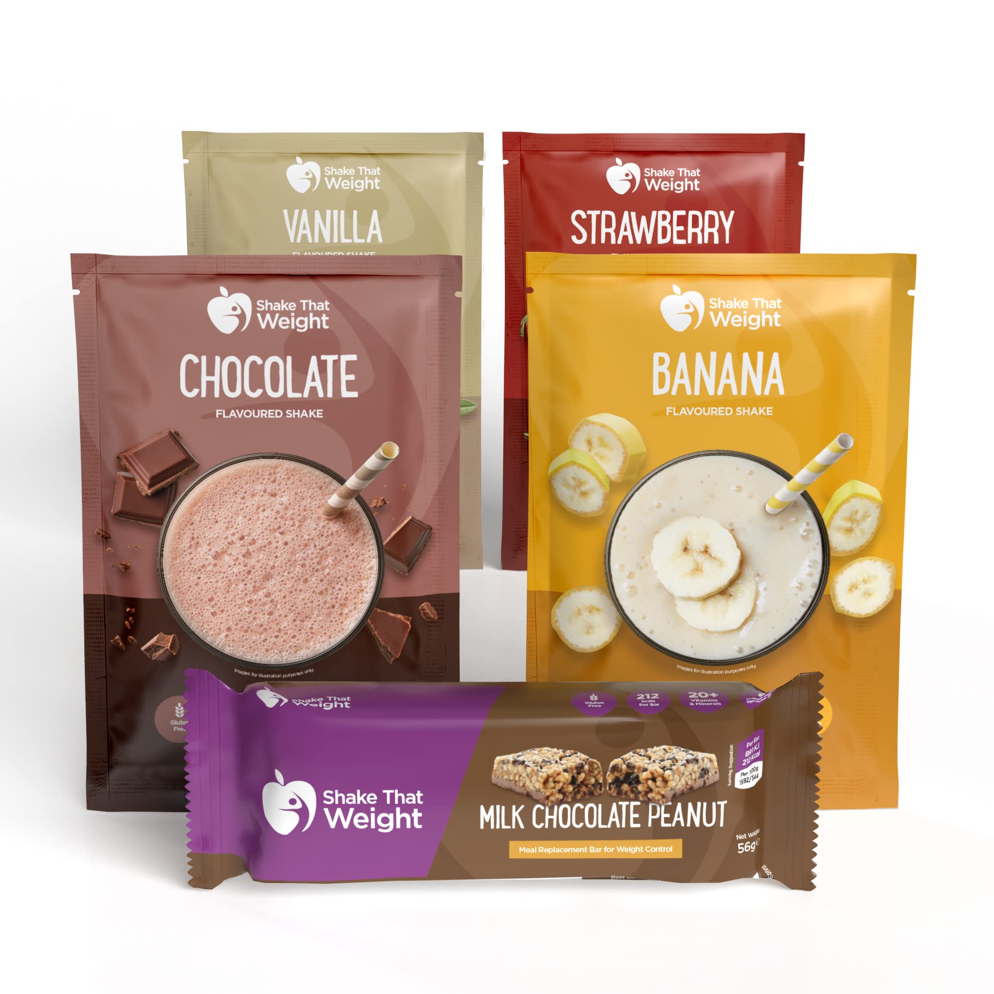 Shake That Weight Meal Replacement Shakes - Diet Shakes - 1 Week Supply. 7x Chocolate Peanut Bars - 4x Chocolate Shakes, 4x Vanilla Shakes, 3x Strawberry Shakes, 3x Banana Shakes
