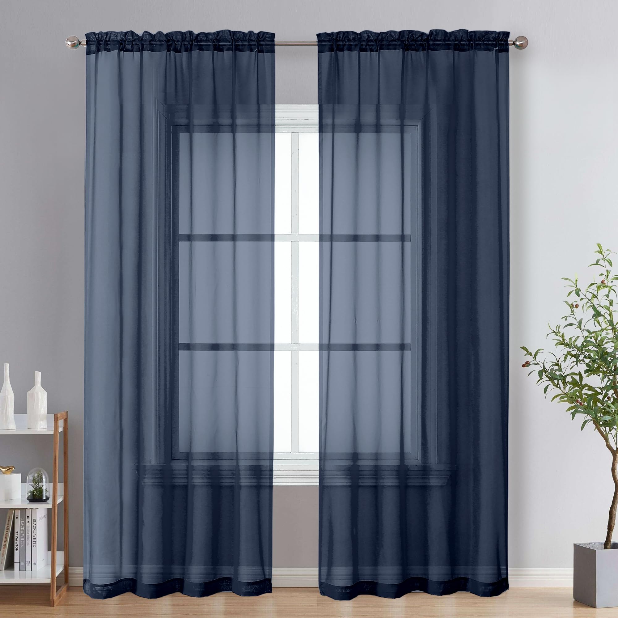 OVZME Extra Long Sheer Curtains 95" Length for Home French Door, Rod Pocket Voile Window Treatment for Living Room, Navy Blue, 2 Panels of 42W x 95L.