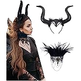 L'VOW Women Witch Devil Horn Headpiece with Feather Steampunk Lace Choker Set Headband Costume for Halloween Cosplay