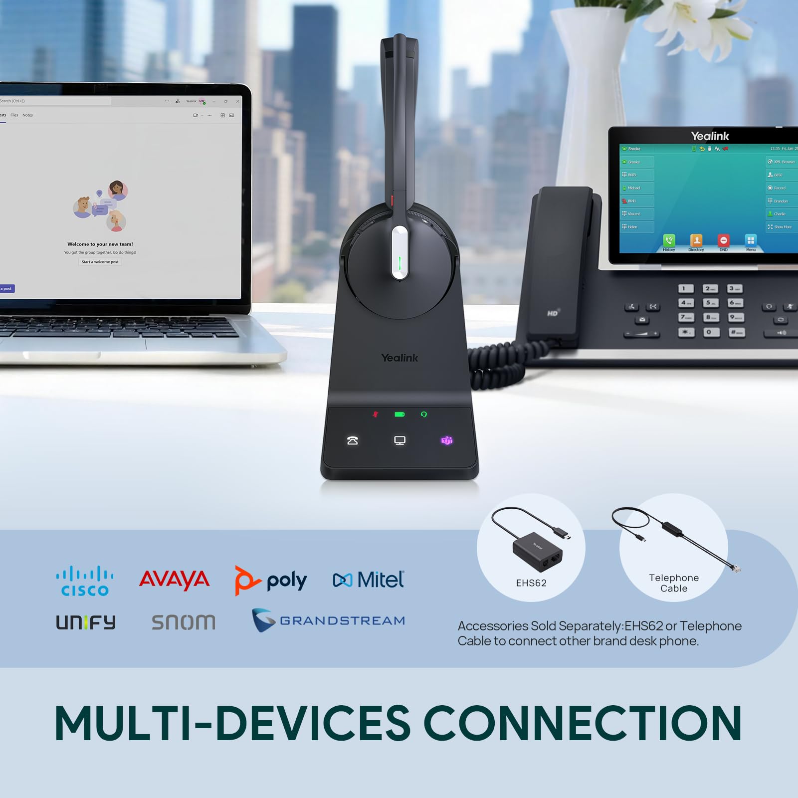 Yealink DECT&Bluetooth Wireless Headset WH64, Kabellos Headset mit Mikrofon 4