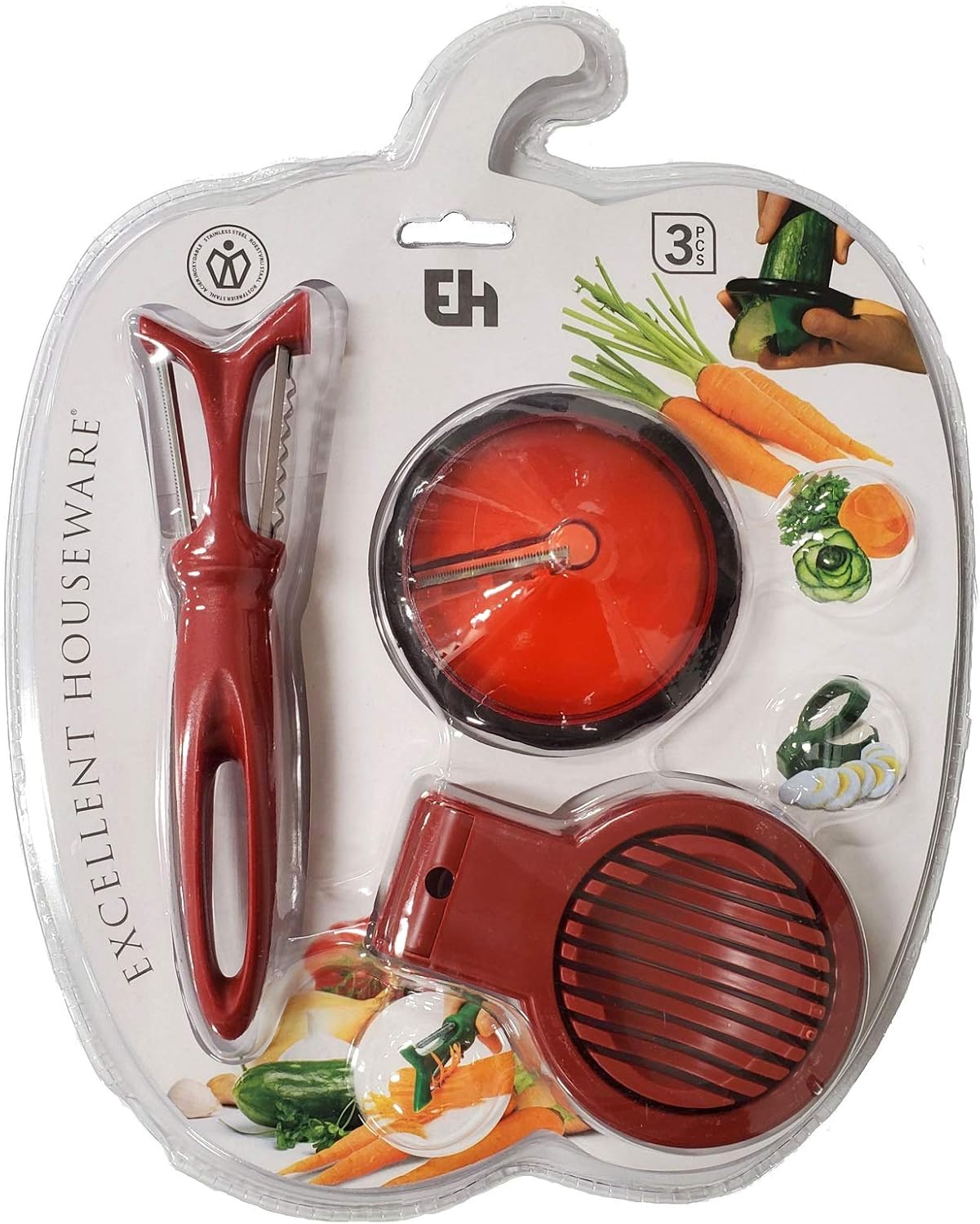 Red Kitchen Tools Set of 3 Peeler Egg Cutter and Spiralizer New