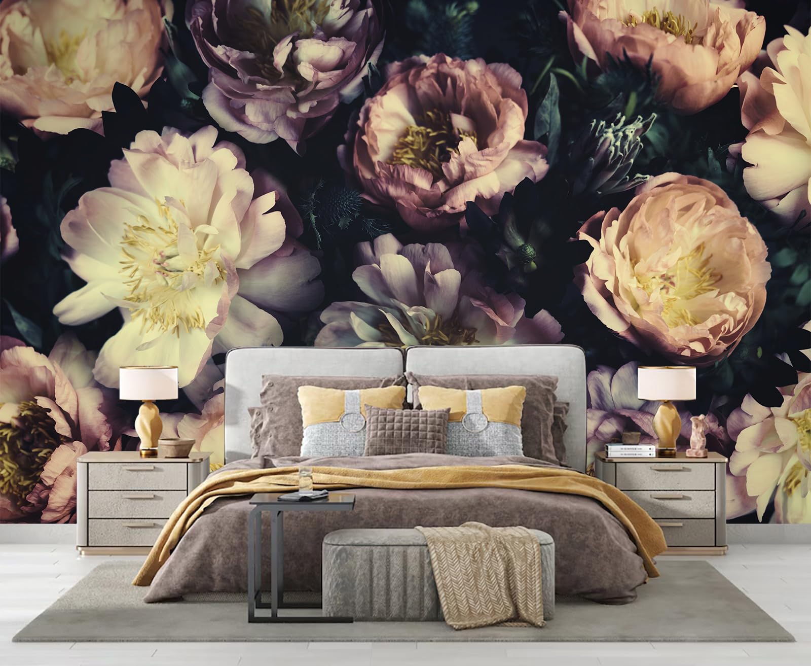 Photo 1 of WFBHUA - Dark Vintage Floral Wallpaper Large Peony Flowers Wall Mural Bedroom (Not Peel and Stick)