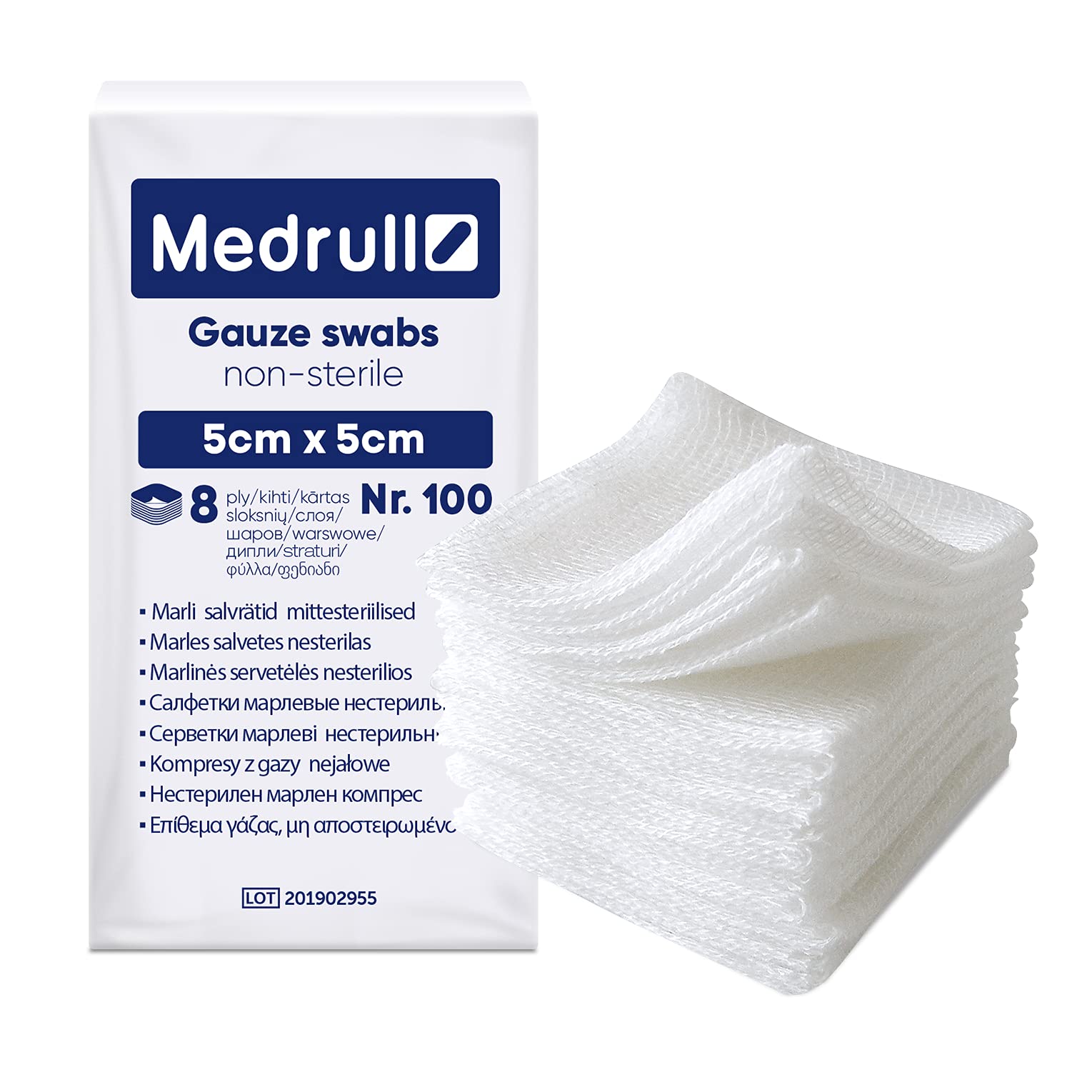 Medrull Gauze Swabs Pack of 100 - Compresses 5 cm x 5 cm Non-Sterile - 8-Ply Gauze Swabs - Wound Dressing