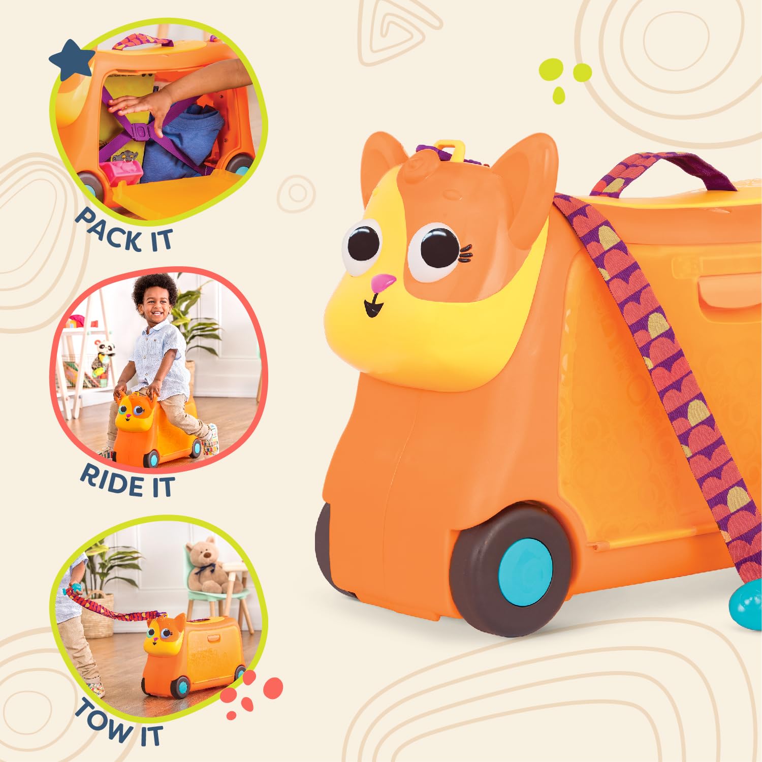 B. toys – On The Go – Lolo Ride-On Suitcase for Kids – Rolling Luggage with Storage Space - Travel & Play – Fun Animal Design for Toddlers 2+ Years
