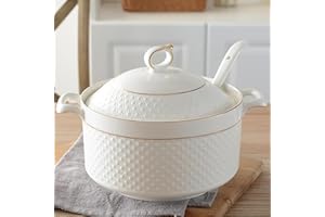 FENNVV Ceramic Soup Tureen Large Capacity Serving Bowl with Lid and Spoon White Porcelain Soup Tureen with Gold Design for Sa
