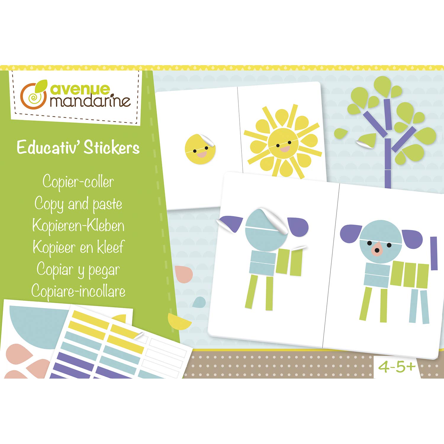 Avenue Mandarine - Ref KC103C - Educativ' Stickers Activity Box - Copy & Paste Dexterity - 18 Sheets, 9 Designs, 16 Sheets of Geometric Stickers, Suitable for Ages 3-4+
