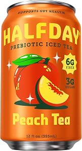 Halfday Prebiotic Peach Iced Tea, 12 Fl Oz | 6g of Fiber for Gut Health, 3g of Sugar, 35 Calories, Real Brewed Green Tea, Non