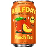 Halfday Prebiotic Peach Iced Tea, 12 Fl Oz | 6g of Fiber for Gut Health, 3g of Sugar, 35 Calories, Real Brewed Green Tea, Non-Carbonated, 45mg of Natural Caffeine