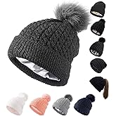 Womens Satin Lined Winter Beanie Cable Knit Beanie for Women Silk Lining Thick Chunky Hats Skull Warm Cap