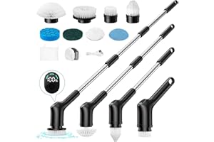 Electric Spin Scrubber, FRIWOLE Upgrade LED Display 3 Speeds Cordless Cleaning Brush with 8 Replaceable Brush Heads, with Adjustable & Detachable Handle Up to 450 RPM (White)