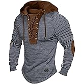 ShallWe Men's Henley Shirt Hooded Long Sleeve Lace Up Vintage Solid Casual T-Shirt Tactical Patchwork Western Tee Sports Grey, Medium