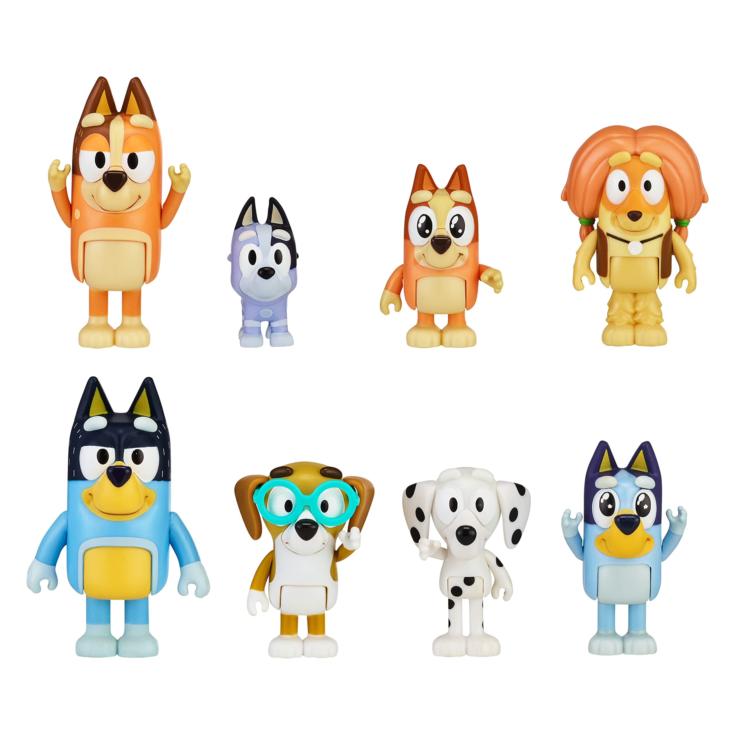 Bluey Heeler Family 8-Piece Action Figure Set, Includes, Bingo, Bandit (Dad), Chilli (Mum) Plus Friends Honey, Socks, Chloe & Indy, Official 2.5-3 inch Character Collection