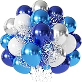 Blue White Silver Confetti Balloons - 50pcs 12" Metallic Blue Silver and Clear White Confetti Latex Balloons for Birthday Wedding Anniversary Gender Reveal Bridal Shower Party Decorations