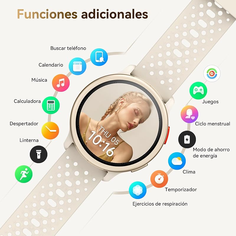 Reloj Inteligente Mujer 1.27" Smartwatch Mujer Redondo 2 Correas, Monitor de Sueño Funciones de Salud y Fitness 120+ Modos Deportivos 3ATM Impermeable para iPhone/Samsung/Android Albaricoque — foto 8 de 8