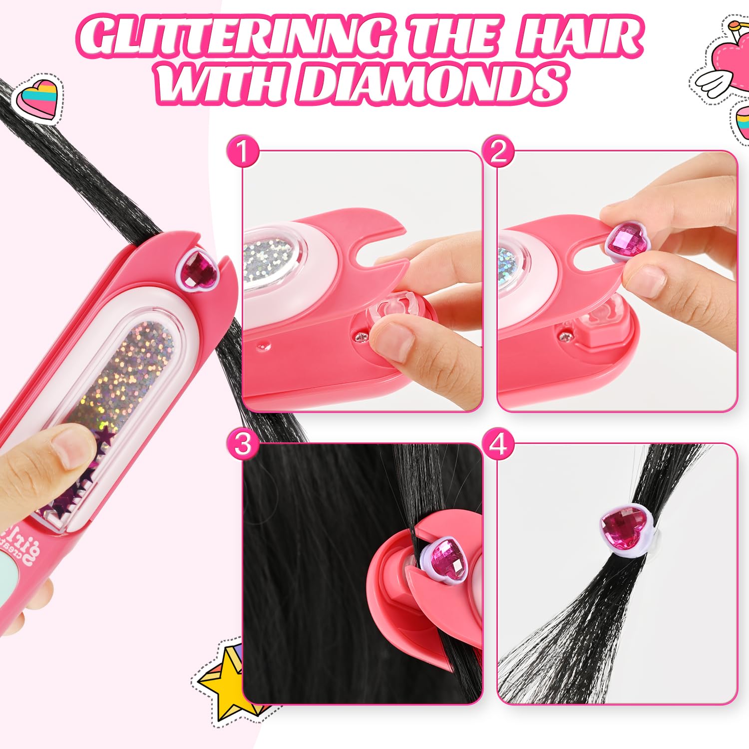 Hair Gem Stamper Kit, Bling Hair Jewels for Girls Toys, Hair Styling Tool with Reusable Shining Diamonds, Birthday Gifts Toys for Girls Ages 3 4 5 6 8-12