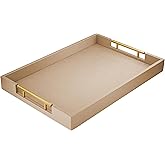 ATZYmolin 17" x 12" Wood Serving Tray with Gold Polished Metal Handles, Home Decorative Wooden Rectangle Ottoman Leather Decor Platter Bathroom Vanity Tray for All Occasions Khaki