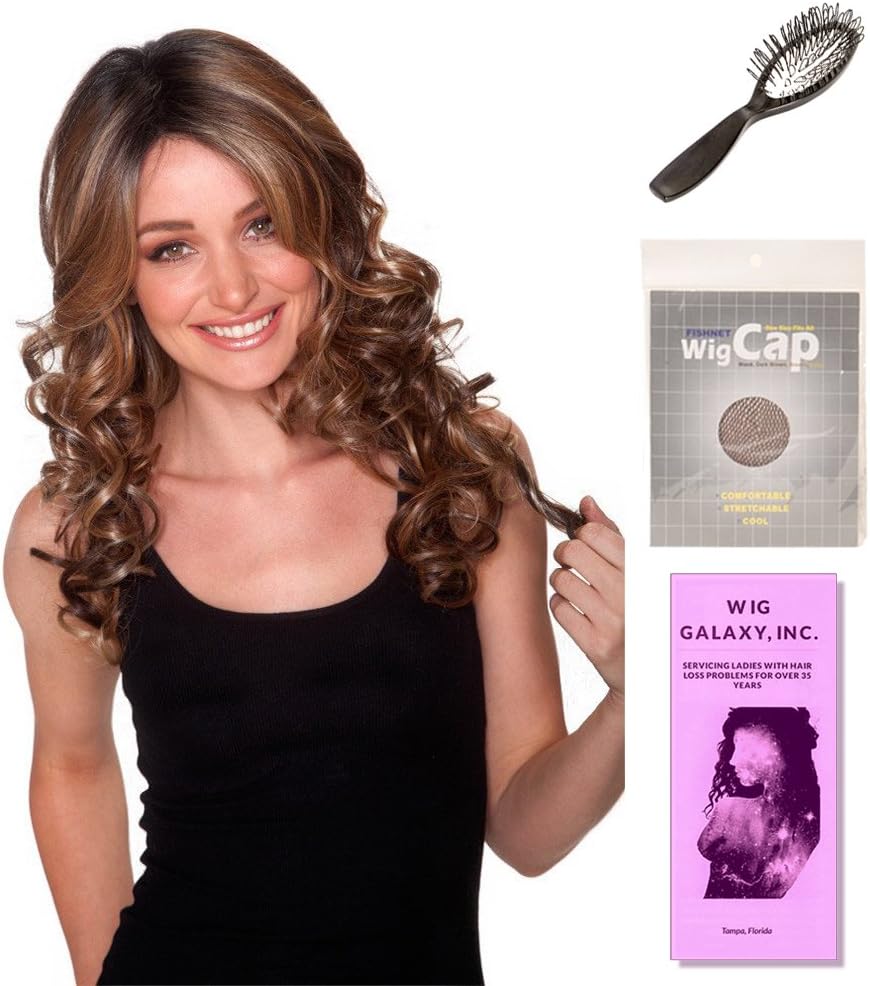 (4 Item Bundle) - (#BT-6000) French Curl by Belle Tress, Wig Brush, Booklet and a Free Wig Cap Liner. (Coffee without Cream)