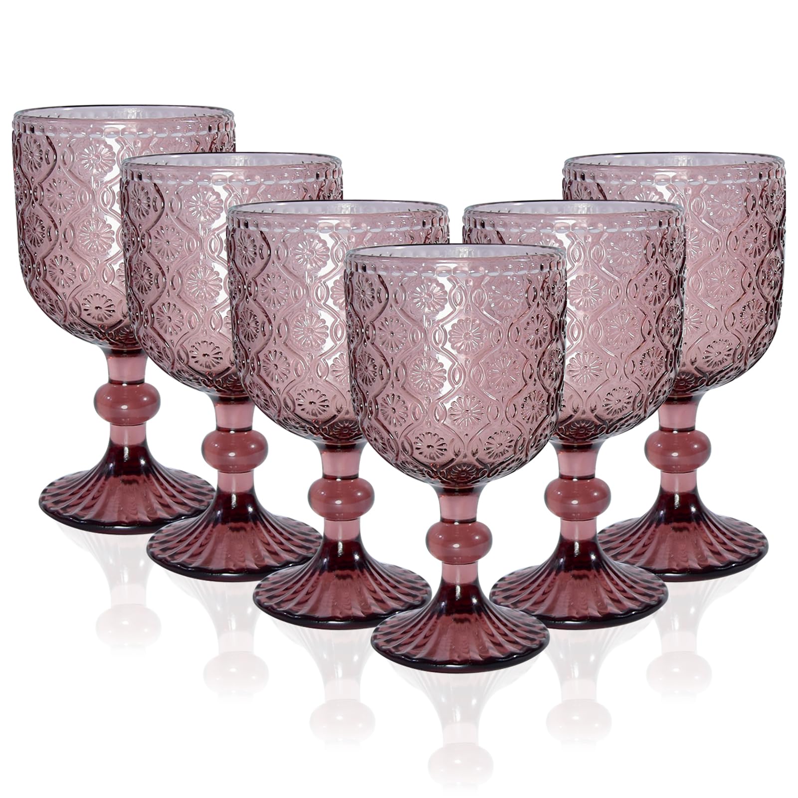Photo 1 of (partial set) (used/fair) Purple pink Wine Glasses set of 6, 14 oz Purple pink Goblets Glassware (not painted or coated), Colored Vintage Glassware for Weddings, Parties, Restaurants, Bars, Cafeterias, Dishwasher Safe
