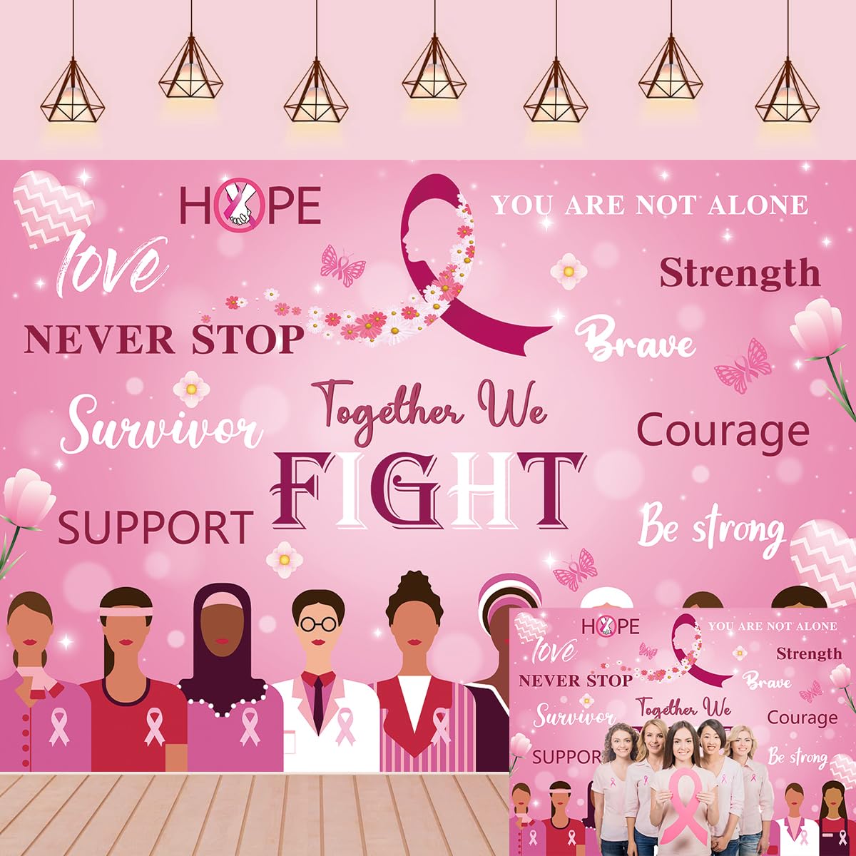Breast Cancer Awareness Month Backdrop for Photography Hope Courage Ribbon Women Photo Backdrop Breast Cancer Awareness Activities Banner (7x5FT（210x150cm）)